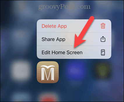 Toque em Editar tela inicial no menu pop-up do iPhone