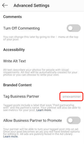 Nome da conta do Instagram listado como parceiro de marca marcada