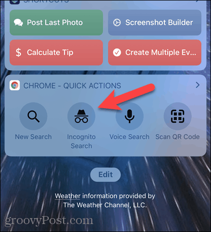 Toque em Pesquisa anônima no widget do Chrome no iOS