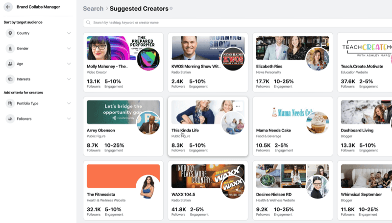 procure por criadores de conteúdo em potencial no Brand Collabs Manager