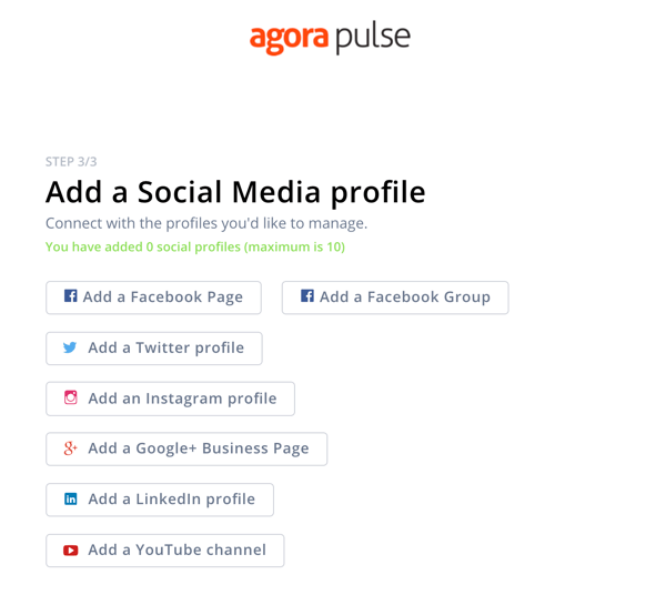 Como usar o Agorapulse para ouvir nas redes sociais, passo 1 adicionar perfil social.