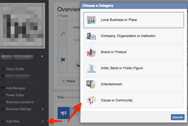 página do facebook escolha a categoria de negócios