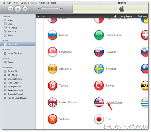 iTunes - Clique na bandeira do estado dos Estados Unidos