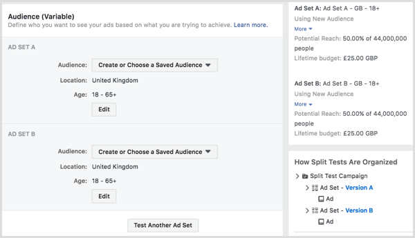 Divida o teste executando seus anúncios do Facebook para dois ou mais públicos.