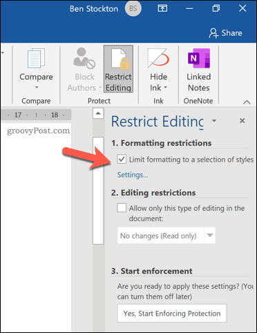 Opção de formatação restrita no Microsoft Word