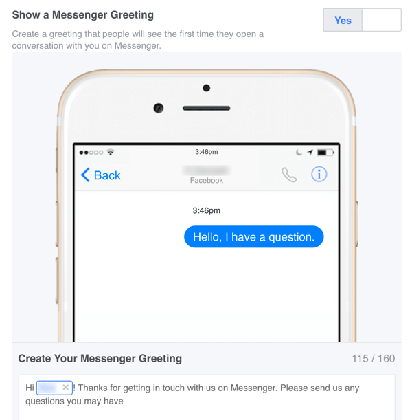 Você pode configurar uma mensagem de boas-vindas personalizada para o Facebook Messenger em suas configurações.