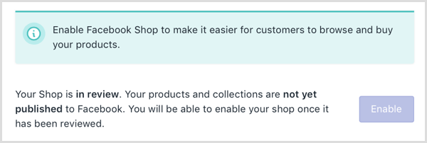 O Shopify mostra uma mensagem online de que sua loja no Facebook está em análise.