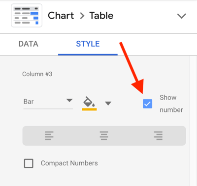 Use o Google Data Studio para analisar seus anúncios do Facebook, etapa 23, opção de mostrar o número para cada métrica