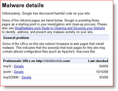 Detalhes sobre malware das Ferramentas do Google para webmasters
