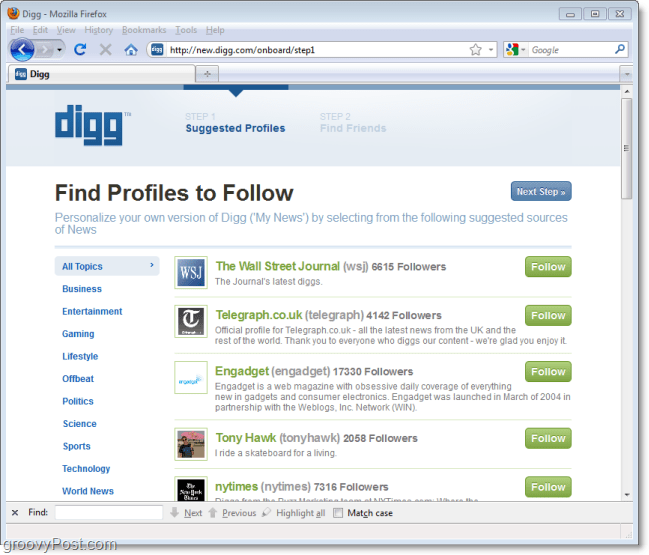 o novo recurso digg follow durante o login pela primeira vez