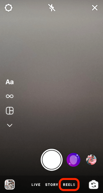 opção de menu de rolos na parte inferior da câmera de histórias do Instagram