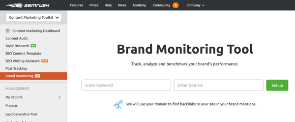 Exemplo de ferramenta de monitoramento de marca da SEMrush.
