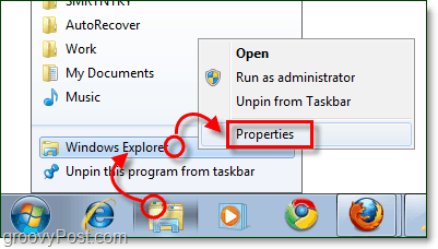 ajustar propriedades do atalho da barra de tarefas do Windows Explorer