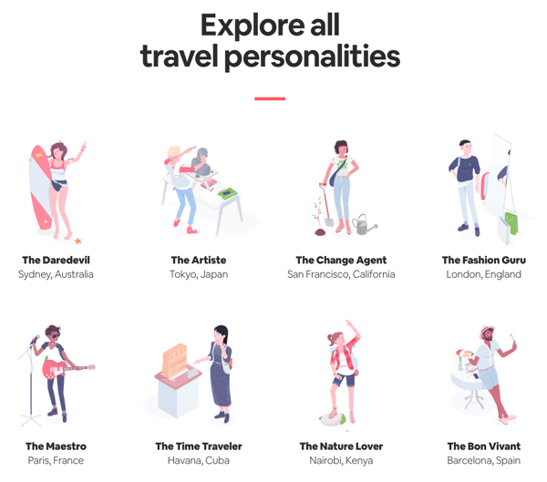 Exemplo de uma página de todos os resultados com resultados que o usuário pode explorar no questionário Travel Matcher do Airbnb.