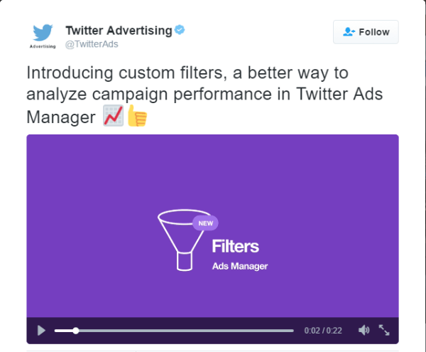 filtros personalizados do gerenciador de anúncios do twitter
