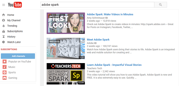 adobe spark youtube search