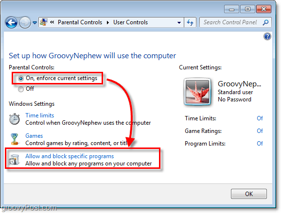 ativar o controle dos pais no Windows 7 para um usuário específico e, em seguida, permitir e bloquear programas específicos
