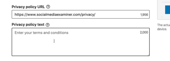 captura de tela dos campos de privacidade para o formulário de geração de leads na configuração de anúncios do LinkedIn