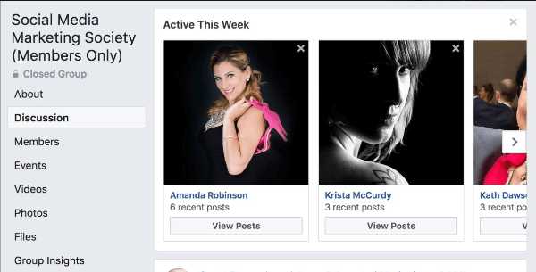 O Facebook destaca quais membros do grupo foram os mais ativos esta semana no grupo.