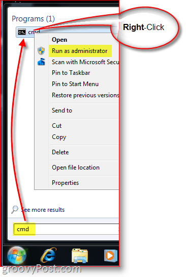 Inicie o CMD - prompt de comando do Windows como administrador com o botão direito