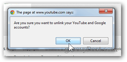Vincular uma conta do YouTube a uma nova conta do Google - Clique em OK para desvincular a conta