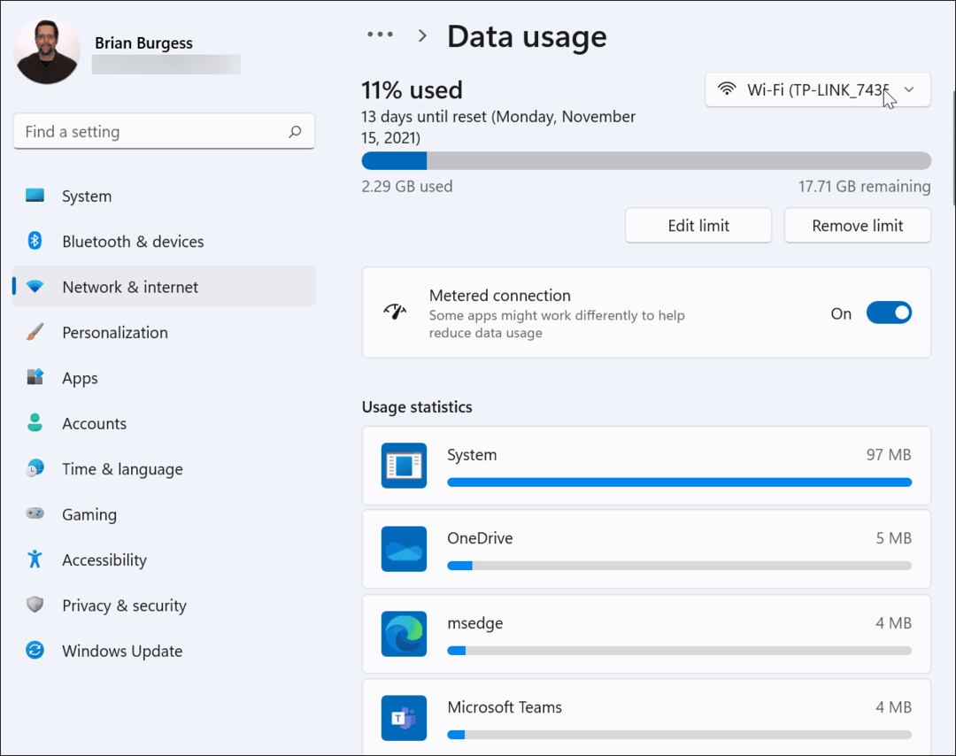 Conexão medida de uso de dados Windows 11