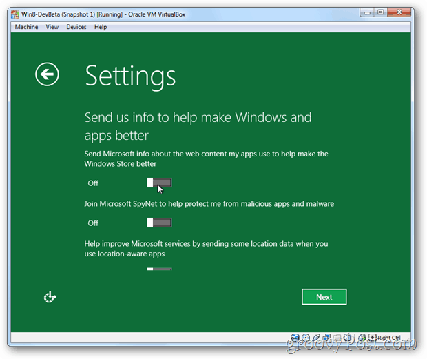 Informações de privacidade do VirtualBox Windows 8 para microsoft