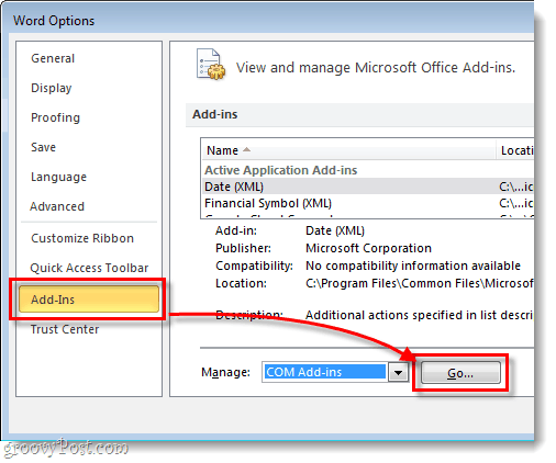 suplementos do menu de opções do escritório e botão ir