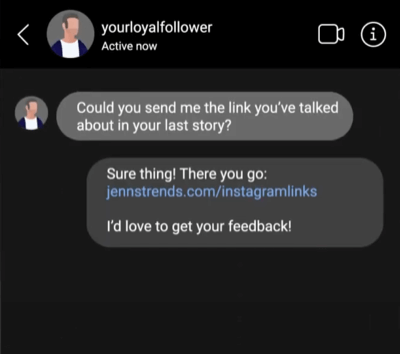 exemplo de uma mensagem direta do Instagram com um link incluído na resposta da mensagem