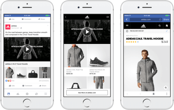 Com o novo formato de anúncio de coleção do Facebook, as marcas podem apresentar um vídeo ou imagem primária que leva a uma experiência de compra imersiva e rápida no Facebook. 