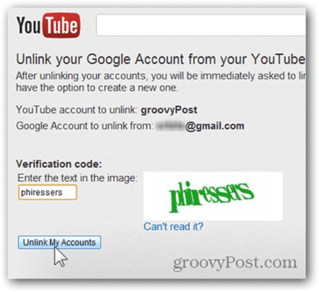 Vincular uma conta do YouTube a uma nova conta do Google - clique em Desvincular contas
