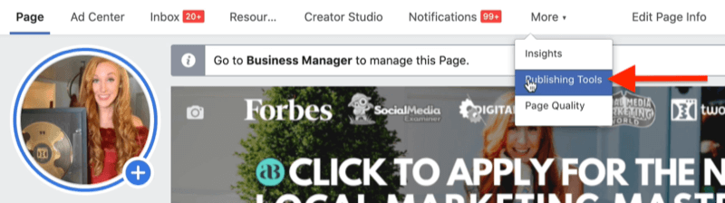 exemplo de página de negócios do Facebook no gerenciador de negócios do Facebook com a opção de menu de ferramentas de publicação destacada