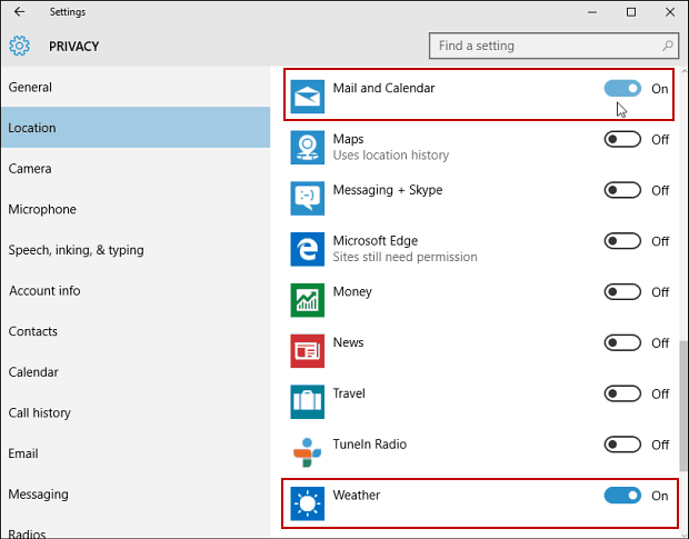 Privacidade das configurações do Windows 10