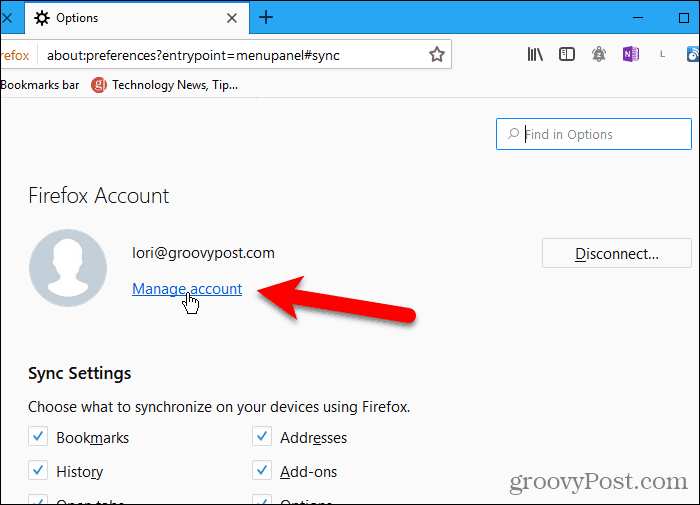 Clique em Gerenciar conta no Firefox para Windows