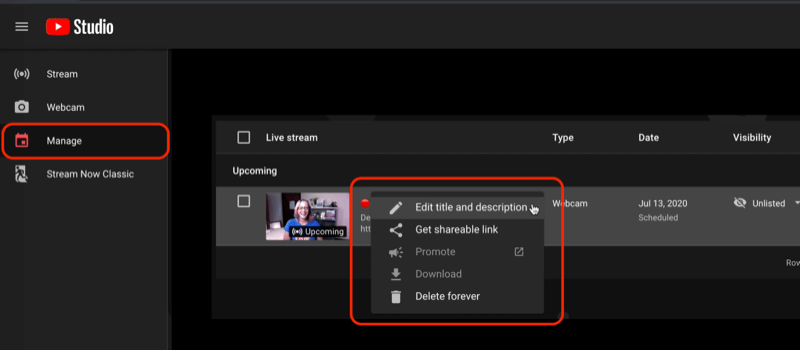 youtube studio go live menu sob o menu gerenciar, mostrando transmissões ao vivo programadas e as opções para editar suas configurações de vídeo ou obter um link compartilhável