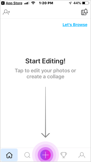 Toque no botão + no aplicativo móvel PicsArt.