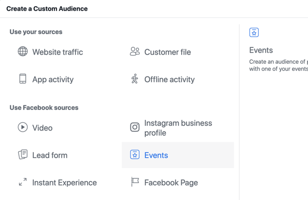 Como promover seu evento ao vivo no Facebook, passo 10, crie um público personalizado no Gerenciador de anúncios do Facebook com base nas visualizações da página do evento