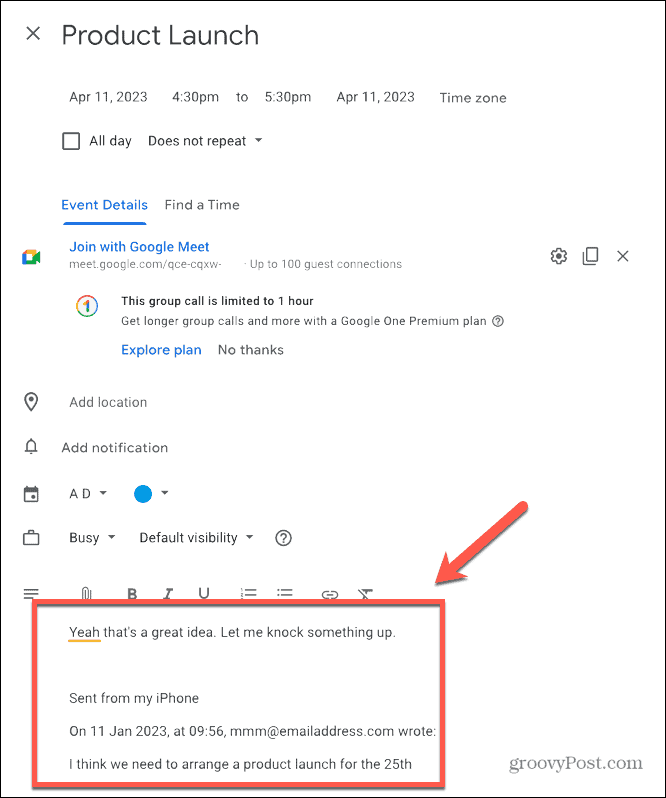 conteúdo do e-mail do calendário do google