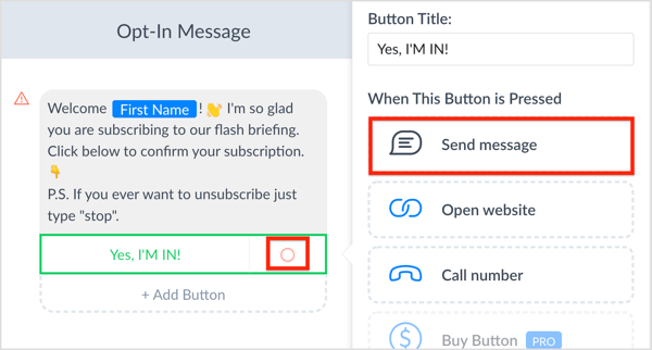 Clique no botão de opção próximo ao botão da frase de chamariz e clique em Enviar mensagem.