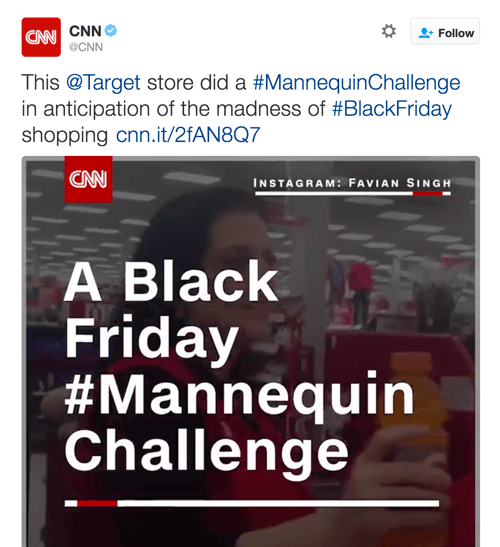 A CNN compartilhou o vídeo da Target, que capitalizou duas tendências do Twitter.
