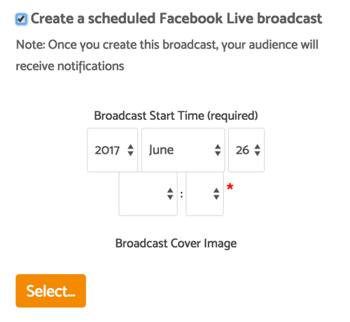 Depois de clicar na caixa de seleção para agendar sua transmissão, você pode escolher uma data, hora e imagem da capa.