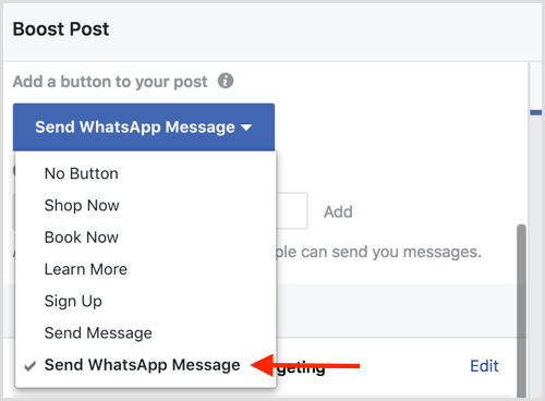 Selecione a opção Enviar mensagem do WhatsApp ao aumentar uma postagem no Facebook.