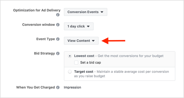 Otimize seu anúncio do Facebook definido para visualizar conteúdo.