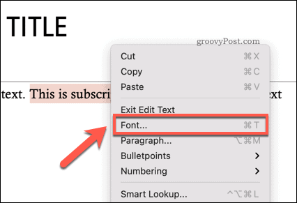 Acessando o menu de opções de Fontes no Powerpoint no Mac