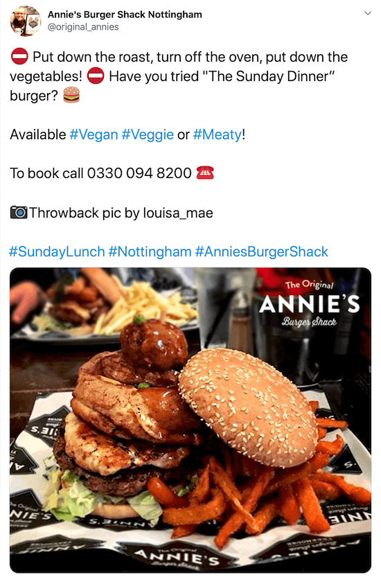 captura de tela da postagem no Twitter de @original_annies com uma foto de um hambúrguer e batata-doce frita com uma descrição atraente, seu número de telefone, crédito da foto e hashtags