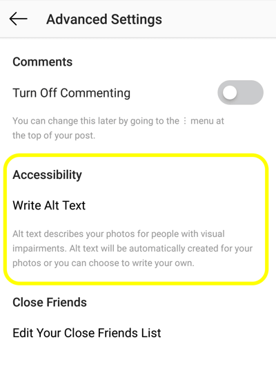 Como adicionar texto alternativo às postagens do Instagram, etapa 2, opção de acessibilidade da postagem do Instagram para definir a tag alt