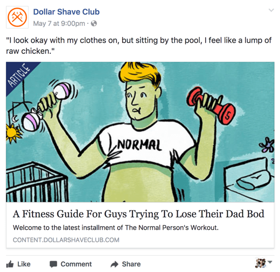 Dollar Shave Club compartilha conteúdo relevante e inteligente em sua página de negócios no Facebook.