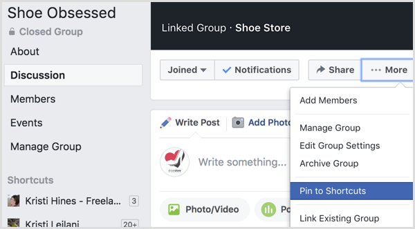 Facebook adiciona grupo a atalhos