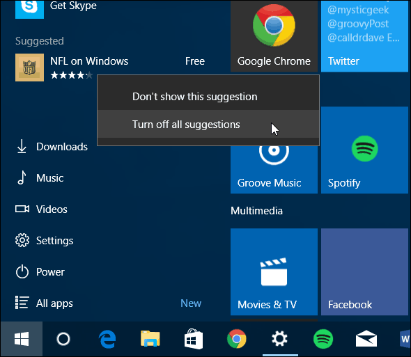 Menu Iniciar do Windows 10 Desativar aplicativos sugeridos