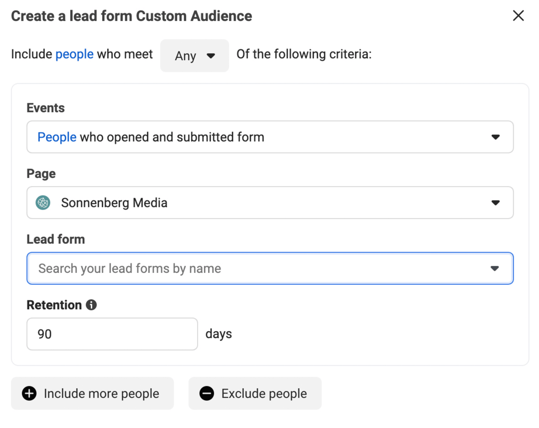imagem da caixa de diálogo Criar um público personalizado de formulário de lead no Gerenciador de Anúncios